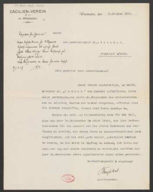 Brief an Ludwig Strecker  , B. Schott's Söhne und Mainzer Liedertafel und Damengesangverein : 06.10.1909