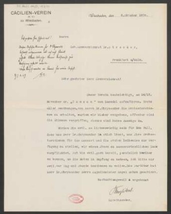 Brief an Ludwig Strecker <senior> , B. Schott's Söhne und Mainzer Liedertafel und Damengesangverein : 06.10.1909