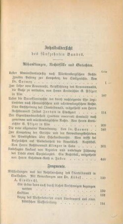Inhaltsübersicht des fünfzehnten Bandes