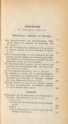 Inhaltsübersicht des fünfzehnten Bandes