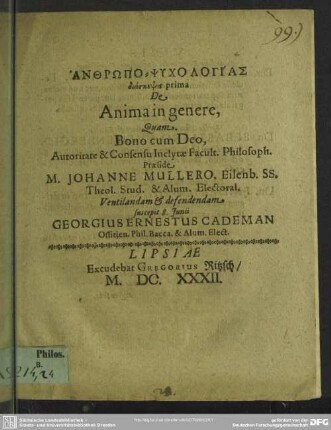 Anthrōpo-psychologias diaskepsis prima : de Anima in genere