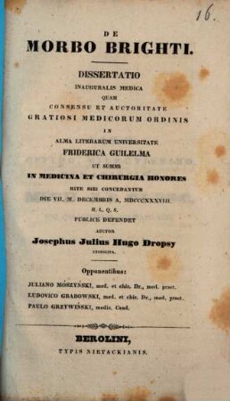 De morbo Brighti : dissertatio inauguralis medica