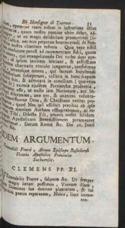 Idem Argumentum. Venerabili Fratri, Arturo Episcope Rosaliensi Vicario Apostolico Provinciae Suchuensis. Clemens PP. XI.