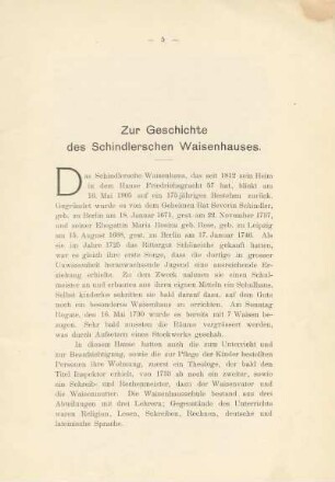 Zur Geschichte des Schindlerschen Waisenhauses