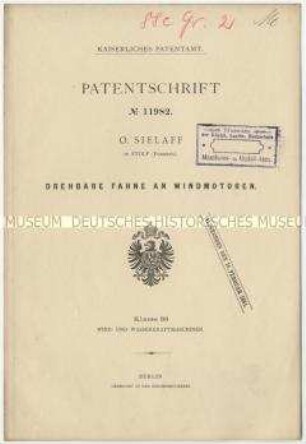 Patentschrift einer drehbaren Fahne an Windmotoren, Patent-Nr. 11982