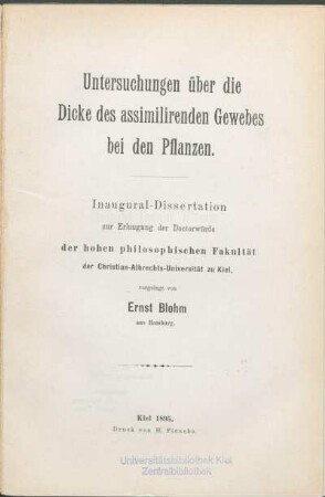 Untersuchungen über die Dicke des assimilirenden Gewebes bei den Pflanzen