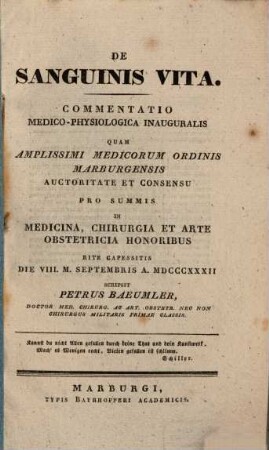 De sanguinis vita : commentatio medico-physiologica inauguralis