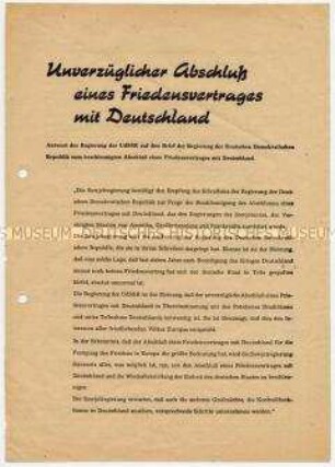 Antwortschreiben der Sowjetregierung auf Brief der DDR-Regierung zum beschleunigten Abschluß eines Friedensvertrages, mit Stellungnahmen sowjetischer Politiker für ein neutrales Deutschland