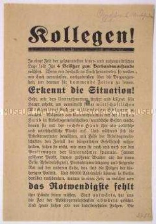 Programmatischer Wahlaufruf des Aktionsausschusses der oppositionellen Buchdrucker Berlins an die Kollegen anlässlich der anstehenden Verbandsvorstandswahlen