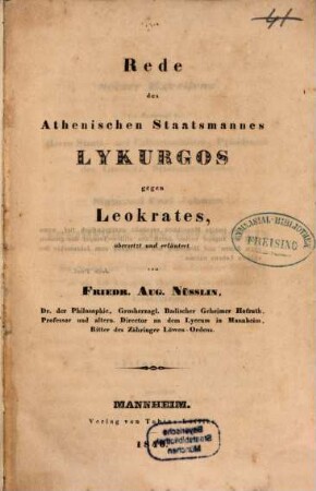 Rede des Athenischen Staatsmannes Lykurgos gegen Leokrates