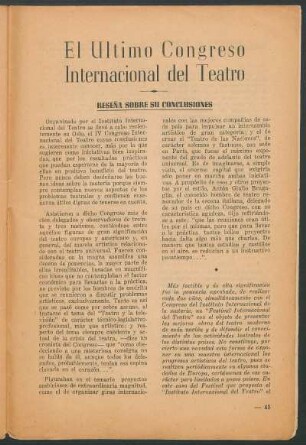 El último Congreso Internacional del Teatro : Reseña sobre su conclusiones