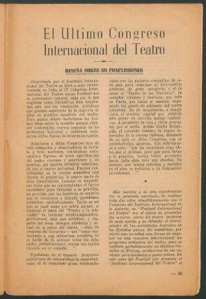 El último Congreso Internacional del Teatro : Reseña sobre su conclusiones