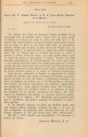 Núm. 120. Carta del P. Ramón Ricart al R. P. Juan Ricart, Superior de la Misión