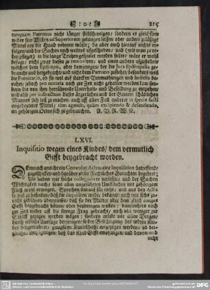 LXVI. Inquisitio wegen eines Kindes, dem vermutlich Gifft beygebracht worden