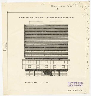 Hochschulbibliothek, Karlsruhe Neubau: Vorprojekt: Neubau der Bibliothek. Längsansicht Westen, 1:200