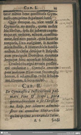 Cap II. De Gymnasticae Institutionis palmari Fine et Scopo; ...