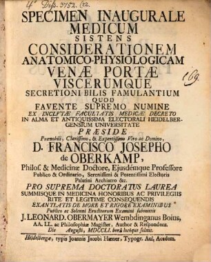 Specimen Inaugurale Medicum Sistens Considerationem Anatomico-Physiologicam Venae Portae Viscerumque Secretioni Bilis Famulantium