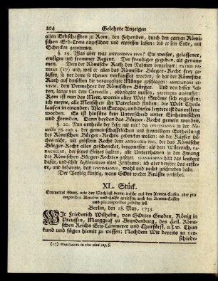 XL. Stück. Erneuertes Edict, wie der Nachlaß derer, welche aus den Armen-Cassen oder piis corporibus Almosen und Hülfe geniessen, auch den Armen-Cassen und piis corporibus zufallen soll.