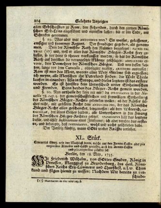 XL. Stück. Erneuertes Edict, wie der Nachlaß derer, welche aus den Armen-Cassen oder piis corporibus Almosen und Hülfe geniessen, auch den Armen-Cassen und piis corporibus zufallen soll.
