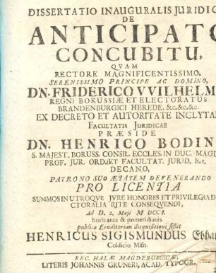 Dissertatio Inauguralis Juridica, De Anticipato Concubitu