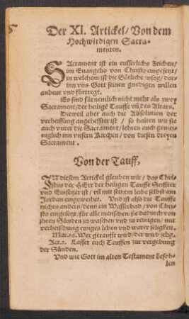 Der XI. Artickel/ Von dem Hochwirdigen Sacramenten.