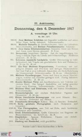 III. Auktionstag: Donnerstag, den 6. Dezember 1917 (Nr. 988-1578)