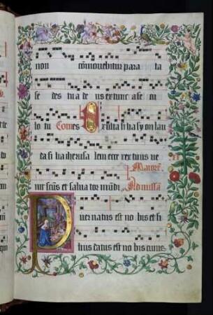 Zierseite mit Bordürenrahmen, Initiale mit Miniatur (Weihnachtsmesse): P(uer Natus): Geburt Christi