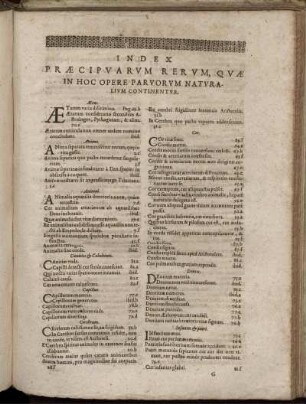 Index Praecipuarum Rerum, Quae In Hoc Opere Parvorum Naturalium Continentur