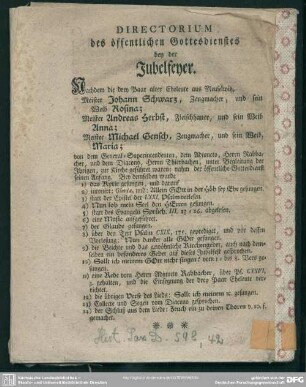 Directorium des öffentlichen Gottesdienstes bey der Jubelfeyer