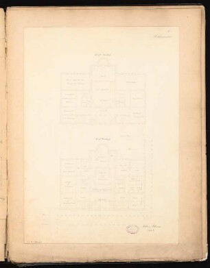 Akademie der Wissenschaften, Berlin Schinkelwettbewerb 1854: Grundriss Erdgeschoss, Obergeschoss; Maßstabsleiste