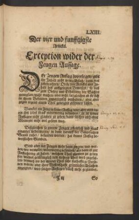 Der vier und funfftzigste Artickel. Exception wider der Zeugen Aussage.