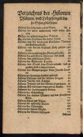 Verzeichnis der Historien Psalmen/ und Lobgesengen dieses Gesangbüchleins.