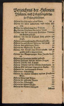Verzeichnis der Historien Psalmen/ und Lobgesengen dieses Gesangbüchleins.