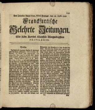 Num. XXXI. Freytags, den 16. April. 1745 - Num. XL. Dienstags, den 18. Maji 1745