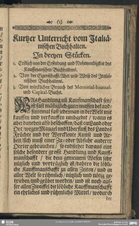 Kurtzer Unterricht vom Italiänischen Buchhalten