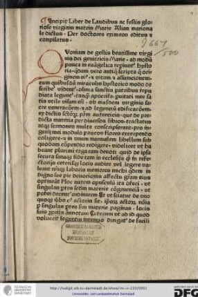 Quoniam de gestis beatissime virginis dei genitricis Marie, admodum pauci in evangelica reperiuntur hystoria...