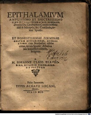Epithalamivm Amplissimo Et Spectatissimo Viro Ottoni Pvchbachio ...