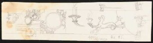 Ornament- und Gebäudeskizzen: Ornamentdetailskizzen zu Kerzenhaltern oder Kronleuchterdetails mit Greiffigur, Gesimsen und Bronzearbeiten in Schinkelmanier, rechts winzige Kirchenskizze