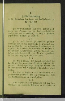 I. Geschääftsordnung für die Verwaltung des Spar- und Vorschußvereins zu Wermsdorf