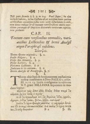 Cap. II. Textum cum versionibus nonnullis, variantibus Lectionibus & brevi Analysi atque Paraphrasi exhibens