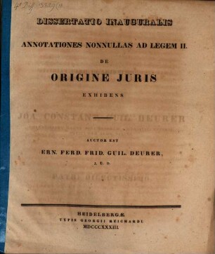 Diss. inaug. annotationes nonnullas ad legem II. de origine iuris exhibens