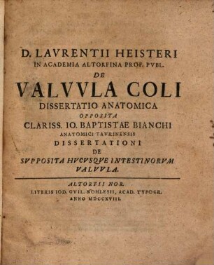 Diss. anat. de valvula coli : [cum 2 tabb. aen.]