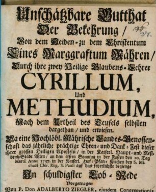 Unschätzbare Gutthat der Bekehrung des Markgr. Mähren durch Cyrillus und Methodius