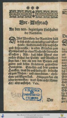 Vor-Ansprach An den neu-begierigen Liebhaber der Raritäten.