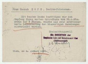 Postkarte von der Direktion der Graphischen Lehr- und Versuchsanstalt Wien (Bundesanstalt) an Hannah Höch. Wien