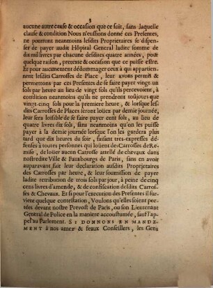 Declaration Du Roy, Portant attribution à l'Hôpital General de trois sols par jour sur chaque Carrosse de loüage : Donnée à Versailles le 30. jour de Decembre 1702.