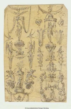 Zwei Grotesken mit Satyr, geflügelten Frauen und Vögeln