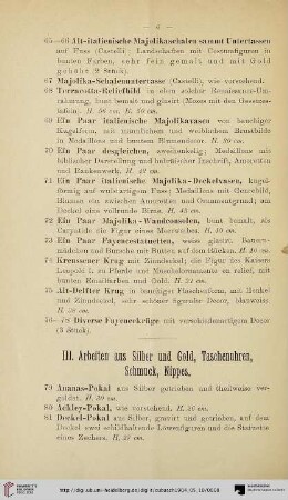 III. Arbeiten aus Silber und Gold, Taschenuhren, Schmuck, Nippes (Nr. 79-154)