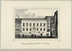 Die Buchhändlerbörse am Nikolaikirchhof in der Ritterstraße 12 in Leipzig, von 1836 bis 1888 Sitz des Börsenvereins der Deutschen Buchhändler, aus der Zeitschrift Saxonia um 1840