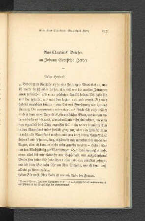 Aus Claudius' Briefen an Johann Gottfried Herder